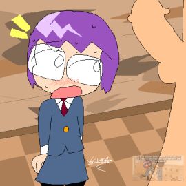 1boy 1girls accurate_art_style blush catnip clothed deep_blush embarrassed embarrassed_female female female_focus fully_naked glasses glasses_on_head him_(sophie's_magic_diary) imminent_oral imminent_rape karm4z_(artist) light-skinned_female light_skin looking_at_penis male male/female meme meme_in_the_background naked naked_male pale-skinned_female pale_skin penis purple_hair red_tie simple_background simple_coloring simple_shading sophie's_magic_diary sophie_(sophie's_magic_diary) student watermark white_skin