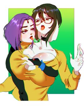 2girls anthro artist_request big_breasts black_hair breasts dc dc_comics eyewear female female_only grabbing_from_behind human_on_anthro implied_fingering jxzuke light-skinned_female light_skin looking_at_partner mochi_(jxzuke) multiple_females multiple_girls pale-skinned_female pale_skin purple_hair raven_(dc) saliva_trail white_fur yuri