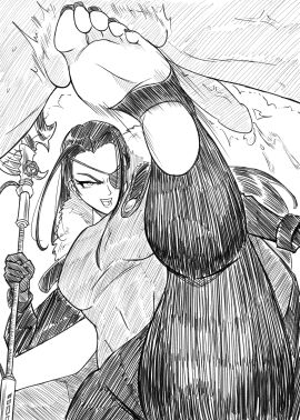 ballbusting ballbusting_orgasm balls ballsack black_hair cock_and_ball_torture cock_and_balls_torture cumming dominant_female dragon_blanche evil_grin evil_smile eyepatch feet female femdom foot_fetish foot_focus gloves long_hair male oc painted_toenails penis smug soles stirrup_legwear stirrup_stockings toes