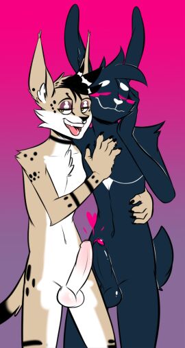 anthro balls bedroom_eyes black_body black_fur black_hair black_spots blush blush_stickers cheek_tuft closed_eyes duo ear_tuft erection facial_piercing facial_tuft fangs felid feline femboy foreskin fur genitals gradient_background hair half-closed_eyes heart_symbol humanoid_genitalia humanoid_penis inner_ear_fluff lagomorph leporid male male/male mammal narrowed_eyes nose_piercing nose_ring nude open_mouth open_smile penis piercing rabbit raddenart riley_(raddenart) ring_piercing seductive serval simple_background smile spots tan_body tan_fur teeth tongue tongue_out tuft uncircumcised white_body white_fur