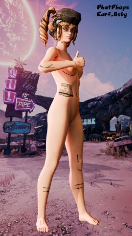 1girls 3d borderlands borderlands_3 breasts facepaint female female_only hat_only moze_(borderlands) nipples nude nude_female phatphaps public_nudity pussy shaved_pussy small_breasts solo solo_female tattoo tattoo_on_belly thumbs_up