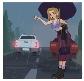 aged_up amphibia amphibia_(finale) amphibia_(series) amugea blonde_hair bra breasts clothed clothing disney earrings female female_only light-skinned_female light_skin sasha_waybright short_hair skirt thong transparent_clothing umbrella wet_body wet_clothes wet_hair