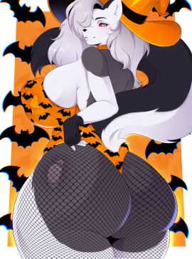 1girls 2020s 2024 2d 2d_(artwork) anthro anthrofied ass ass_cleavage bat_print big_ass big_breasts big_thighs breasts claws cleavage ear_tuft earrings eyebrows eyelashes female female_focus female_only fishnets furry furry_female furry_only furry_tail grey_hair halloween halloween_costume hellhound helluva_boss hi_res highres hips huge_ass large_ass large_breasts large_thighs leotard looking_at_viewer looking_back loona_(helluva_boss) midriff muscular muscular_thighs navel red_sclera rosettia round_ass simple_background skindentation solo solo_female solo_focus spiked_collar thick_thighs thighs toned toned_female white_background white_eyes wide_hips witch witch_hat