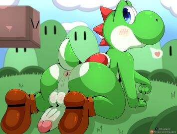 1boy all_fours anthro anus balls blue_eyes blush clothing cloudeon footwear genitals green_body green_yoshi heart_symbol hi_res humanoid_genitalia humanoid_penis looking_at_viewer looking_back looking_back_at_viewer male male_anthro male_only mario_(series) nintendo penis penis_backwards raised_tail scut_tail shoes short_tail solo super_mario_world tail tail_anus yoshi