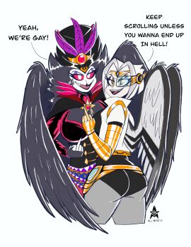 2d 2d_(artwork) 2d_artwork 2girls aged_up angel angel_girl angel_wings ass beak bird_girl curvy curvy_body curvy_female curvy_figure demon demon_girl digital_drawing_(artwork) digital_media_(artwork) duo duo_female duo_focus eyeshadow feathered_wings feathers female female_focus female_only grey_body grey_eyeshadow grey_feathers hips lesbian_couple lute_(hazbin_hotel) middle_finger non-human noncomposmentis octavia_(helluva_boss) purple_eyeshadow short_hair short_hair_female top_hat white_hair white_hair_female wings yuri