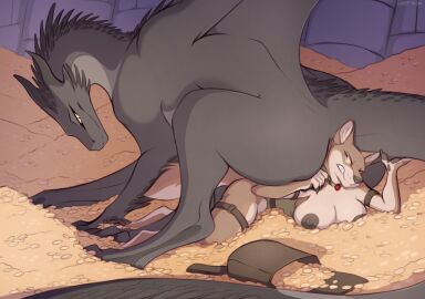 2024 5_fingers anthro areola ass black_body breasts canid canine canis clenched_teeth countershade_torso countershading dragon duo female female/female feral fingers fur horn lizet lizet_(character) looking_at_another looking_back looking_back_at_another looking_down looking_down_at_another mammal mythological_creature mythological_scalie mythology nipples protasia scalie sitting sitting_on_another sitting_on_person tail tan_body tan_fur teeth winged_dragon wings wolf