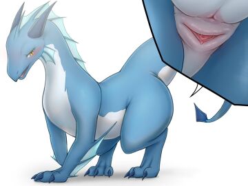 4:3 animal_genitalia anus blush bodily_fluids claws dragon female feral genital_fluids genitals hi_res horizontal_pussy horn k-dra61 mythological_creature mythological_scalie mythology nude pussy scalie simple_background solo white_background wingless_dragon