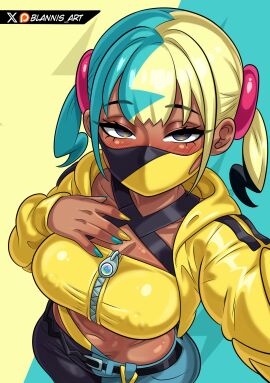 1girls athletic athletic_female big_breasts blannis_art blue_nails breasts canari_(pokemon) canary_(pokemon) face_mask facemask female female_focus female_only gyaru kusogaki large_breasts looking_at_viewer mask midriff multicolored_clothing multicolored_mask multicolored_pants nail_polish nintendo pants pokemon pokemon_legends:_z-a solo streamer thick_thighs thighs two-tone_clothing two-tone_mask two-tone_pants wide_hips yellow_nails