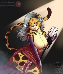 absurd_res amber_(batartcave) anthro areola batartcave breasts brown_body brown_fur cheetah clothed clothing countershading electronics felid feline female fur hi_res mammal markings mature_female microphone multicolored_body multicolored_fur nipples one_eye_closed orange_body orange_eyes orange_fur solo spots spotted_body spotted_fur tan_body tan_fur tongue tongue_out topless wink