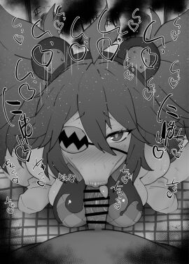 1boy 1girls :>= bare_shoulders big_penis black_and_white blush breasts censored dark-skinned_female dark-skinned_male dark_skin detailed_background drooling eyelashes eyepatch fake_animal_ears fellatio female footwear heart human indoor inside koleda_belobog kurotama long_hair looking_at_viewer male male_pov oral oral_sex penis room saliva shiny shiny_skin sketch small_breasts sound_effects squatting sweat text tied_hair tongue tongue_out twintails vein veins veiny veiny_penis zenless_zone_zero