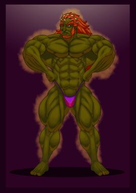 balls bara beard bulge facial_hair flaccid ganondorf ganondorf_(hyrule_warriors) gerudo green_body green_skin hyrule_warriors male male_only muscle_growth muscles muscular nintendo penis red_hair solo solo_male the_legend_of_zelda thedarkdjin thong yaoi