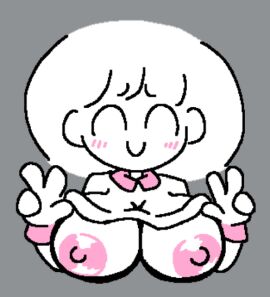 areolae big_breasts bokuwata_channel breasts exposed_breasts exposing_chest facing_viewer female momono_watashi nipples peace_sign shirt_lift simple_eyes simple_face thatartistann white_body white_hair white_skinned_female