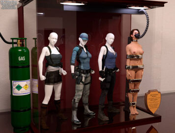 1girls 3d bound bound_arms bound_legs completely_nude female female_only full_body jill_valentine mannequin nude nude_female resident_evil solo thejpeger trophy_case unconscious unconscious_female