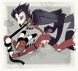 2023 2boys 2d anal_juice anal_sex blitzo_(helluva_boss) blush collar color dialogue dildo dildo_in_ass english_dialogue english_text fishnets fur gay heart heart-shaped_pupils helluva_boss horns imp looking_at_another looking_pleasured male owl owl_demon sex_toy sex_toy_in_ass socks stolas_(helluva_boss) tail twiggietime vivienne_medrano watermark