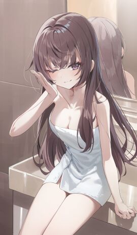1girls bare_arms bare_legs bare_shoulders bare_thighs bathroom blush breasts brown_eyes brown_hair cleavage closed_mouth collarbone color female female_only kerno long_hair medium_breasts mirror naked_towel one_eye_closed sitting smile smiling solo suou_yuki thighs tokidoki_bosotto_russian_de_dereru_tonari_no_alya-san towel towel_only wink