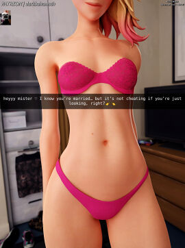 3d 3d_(artwork) belly belly_button bra darkbahamuth female fortnite gwen_stacy lingerie marvel midriff panties petite petite_body petite_female pinup snapchat spider-gwen teenage_girl teenager text tummy young