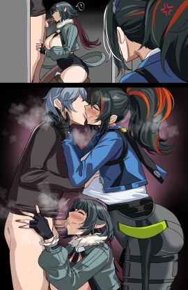 1boy 2girls animal_ears annoyed ass big_ass caught_in_the_act dark_hair deepthroat drogod_(artist) fellatio female hella_p hoyoverse jane_doe_(zenless_zone_zero) kissing male multiple_females multiple_girls penis police_uniform policewoman straight threesome wise_(zenless_zone_zero) zenless_zone_zero zhu_yuan