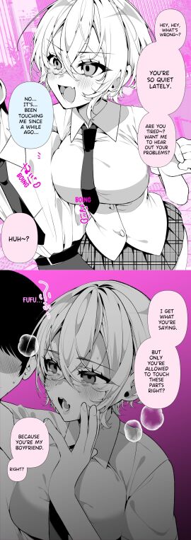 1boy 1girls a_boyish_girlfriend_in_high_humidity big_breasts blush boyfriend-girlfriend breast_press breasts dialogue english_text fangs female female_focus female_yandere large_breasts male manga open_mouth original original_character ouchi_kaeru pink_background pressing_breast_on_partner school_uniform schoolgirl schoolgirl_uniform short_hair skirt solo_focus steam sweat tie tomboy translated yandere