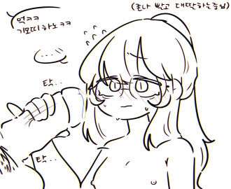 big_penis breasts closed_mouth dalgik dalgik-chan female glasses handjob korean_text looking_at_partner male original penis ponytail small_breasts sweat translation_request