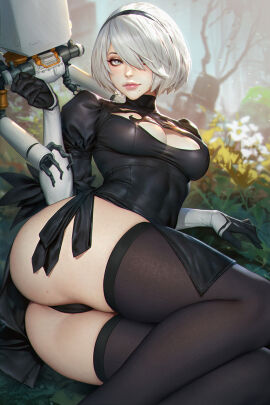 2d 2d_(artwork) ass black_dress black_panties black_shirt black_socks blindfold blurry blurry_background breasts breasts_out cleavage curvy feather-trimmed_sleeves female from_behind gloves grey_hair hair_over_one_eye hairband huge_ass laying_down laying_on_back laying_on_floor laying_on_ground looking_back mole mole_under_mouth neoartcore nier:_automata nier_(series) panties pose posing posing_for_the_viewer presenting room short_hair showing_ass showing_off smile smiling smiling_at_viewer socks solo thick_ass thick_legs thick_thighs thigh_highs thighhighs tight_clothing tight_dress tight_fit underwear white_eyes white_hair wide_hips yorha_2b