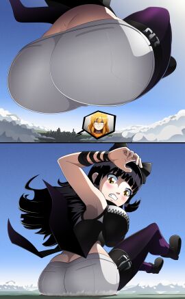 armpits big_ass big_breasts blake_belladonna blush city giantess looking_back midriff ravenravenraven rwby stockings yang_xiao_long