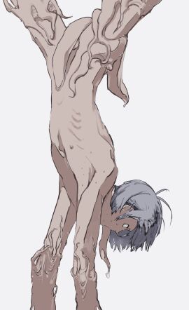 body_horror dilf gegege_no_kitarou grey_hair kitarou_tanjou_gegege_no_nazo light-skinned_male light_skin male male_only medama_oyaji_(human) melting nude pale-skinned_male pale_skin rinshi_(pixiv) skinny solo sweat tentacle tentacle_on_male twink upside-down white_hair youkai
