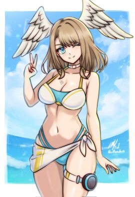 1girls background bikini breast_tattoo breasts eunie_(xenoblade) female female_only nintendo one_eye_closed rotomdocs solo swimsuit tattoo tomboyish v_sign wink winking_at_viewer xenoblade_(series) xenoblade_chronicles_3