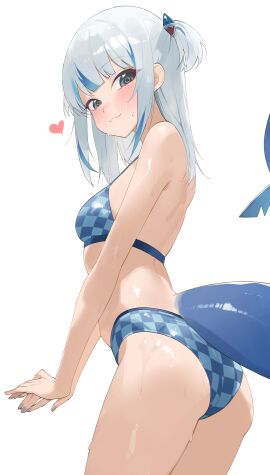 1girls bikini bikini_bottom bikini_top blue_eyes blue_hair blush breasts byeon_dha female gawr_gura hairclip heart hololive hololive_english hololive_myth looking_back nail_polish purple_nails rear_view shark_girl shark_tail short_hair small_breasts smile smile_at_viewer smiley_face solo solo_female tail two-tone_hair two_piece_swimsuit virtual_youtuber vtuber wet wet_body white_hair