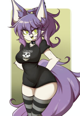 1girls 2d anthro band_shirt bangs big_breasts bottomless breasts choker digital_media female female_only furry furry_female furry_only hair_between_eyes hands_behind_back hiel_(lucyfercomic) huge_breasts lucyfercomic misfits naked_shirt narrow_waist original partially_clothed ponytail purple_hair simple_background smile solo spiked_collar striped_legwear striped_thighhighs studded_collar t-shirt tail thick_thighs thighhighs toony wide_hips
