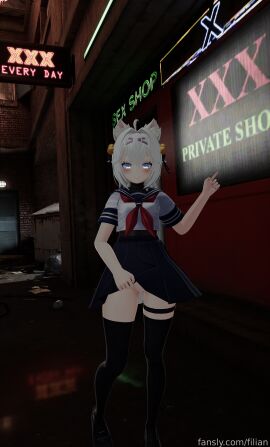 3d female filian filian_(vtuber) fox_ears fox_girl fox_tail indie_virtual_youtuber light-skinned_female light_skin no_panties purple_eyes skirt straight virtual_youtuber vrchat vrchat_booth vtuber white_hair