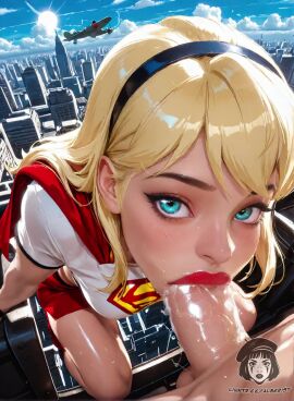 1boy 1girls ai_generated ai_video alberist blonde_hair blue_eyes breasts_out cape choker city crop_top deepthroat fellatio full_body headband oral red_lipstick skirt skyline small_breasts solo_focus straight supergirl tagme torn_clothes video wet_penis white_shirt