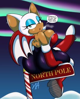 1girls armwear ass aurora_borealis bare_shoulders bat big_breasts breasts christmas christmas_outfit cleavage eyelashes female heels mascara mobian_(species) rouge_the_bat safe sega sideboob sitting snow someth1ngoranother sonic_(series) sonic_adventure_2 sonic_the_hedgehog_(series) text wallpaper wings