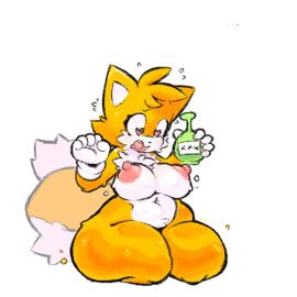 animal_ears anthro bbw breasts canid canine chest_tuft chubby chubby_female drink exposed_breasts fat female fluffy fluffy_ears fluffy_tail fox fox_ears genderswap genderswap_(mtf) large_breasts mammal nipples nucr4r paws potion rule_63 sega simple_background solo sonic_(series) sonic_the_hedgehog_(series) tail tails tails_the_fox tailsko thick_tail thick_thighs thigh_expansion uncensored worried_expression yellow_fur