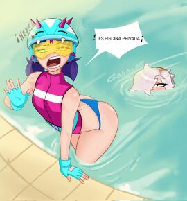 2girls brawl_stars clothed colette_(brawl_stars) español female female_only female_stalker gabri_art jacky_(brawl_stars) jet_ski_jacky_(brawl_stars) panties pool poolside spanish_text stalker supercell tagme text tinted_eyewear white_hair