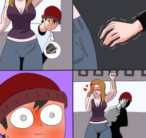 1boy 1futa 4koma @_@ accidental_circumstance accidental_masturbation balls balls_bulge balls_under_clothes blush breasts bulge bulge_through_clothing cameltail chikan clothes embarrassed erection erection_under_clothes funny futa_with_male futanari groping hearts intersex large_breasts loving_it maccoi male male_on_futa molestation oh_crap penis penis_bulge penis_under_clothes tagme tenting thief touching_penis unintentional