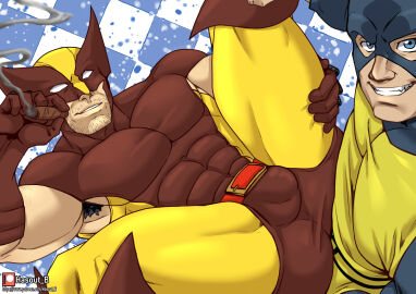 2boys armpit_hair bara beard beast_(x-men) big_bulge bulge clothing flaccid gay hank_mccoy hasout_b logan_(x-men) male male/male male_only marvel marvel_classic_era marvel_comics masculine_male mask masked_male missionary_position muscular muscular_male penis penis_outline tight_clothing wolverine_(x-men) x-men yaoi