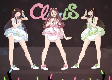 3girls abdl adult_baby alice_(claris) bare_legs blue_bow blue_dress blue_ribbon blue_wristband braid brown_eyes brown_hair clara_(claris) claris_(band) diaper diaper_under_clothing diaper_under_skirt diapered diapered_lovers dress eyebrows_visible_through_hair female female_only full_body glowstick gradient_hair green_bow green_dress green_ribbons green_wristband hair_ornament holding holding_glowstick holding_microphone holding_object idol idol_clothes idols karen_(claris) legs light-skinned_female light_skin long_hair merunyaa microphone minidress miniskirt moon_(symbol) moon_print moon_symbol multicolored_hair multiple_females multiple_girls multiple_others one_eye_closed open-mouth_smile open_mouth open_smile pink_bow pink_dress pink_hair_bow pink_hair_ribbon pink_ribbon pink_wristband red_hair smile smiling smiling_at_viewer stage standing standing_on_stage star_(symbol) star_hair_ornament star_print star_symbol sun_(symbol) sun_hair_ornament sun_print sun_symbol tied_hair tongue trio trio_female trio_focus white_dress white_shoes
