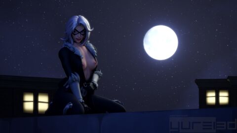 3d black_cat_(fortnite) black_cat_(marvel) breasts choker felicia_hardy female female_only flashing_breasts fortnite fortnite:_battle_royale looking_at_viewer marvel marvel_comics mask masked masked_female moonlight mostly_clothed mostly_clothed_female night rooftop sitting solo solo_female spider-man_(series) unzipped_jumpsuit yurei3d