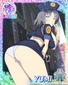 1girls ass baton blue_crop_top blue_eyes blue_skirt breasts clouds crop_top female grey_hair handcuffs hat large_breasts looking_at_viewer maxdxd midriff outside panties police police_uniform policewoman senran_kagura short_hair skirt sky upskirt whistle whistle_around_neck white_panties yumi_(senran_kagura)