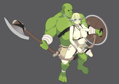 1boy axe blush bow_(weapon) breasts casual colored_skin elf elf_female exhibitionism fanny_packing female finger_to_mouth green_skin harness heavy heavy_breathing highres holding holding_bow_(weapon) holding_weapon jewelry kannovaku light-skinned_female light_skin male male/female meat_armor meat_shield mutualism navel necklace nipples nude orc orc_male original pale_skin penis pointy_ears pubic_hair public public_indecency pussy sex shield spread_legs stomach_bulge straight symbiosis tally teamwork tooth_necklace ukavonnak vaginal weapon