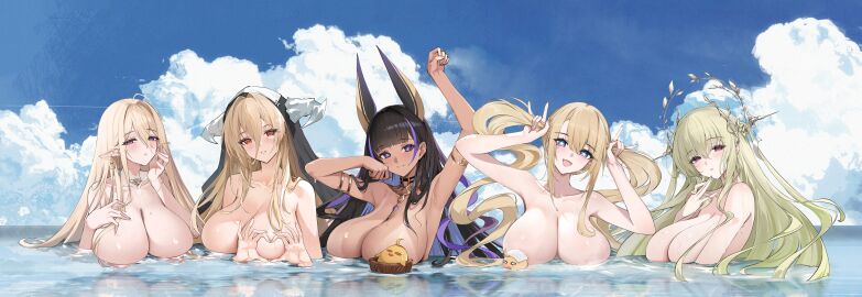 ahoge animal_ears armpits arms_up azur_lane bathing big_breasts black_hair blonde_hair blue_eyes blue_sky blush choker cleopatra_(azur_lane) cloudy_sky collarbone colored_inner_hair dark-skinned_female earrings elf fake_horns gouden_leeuw_(azur_lane) green_hair guam_(azur_lane) hair_between_eyes heart_hands hi_res implacable_(azur_lane) long_hair looking_at_viewer mole_under_eye napoli_(azur_lane) nude nude_female nun pointy_ears purple_hair red_eyes tan_body third-party_edit twintails veil water wet_body wet_hair