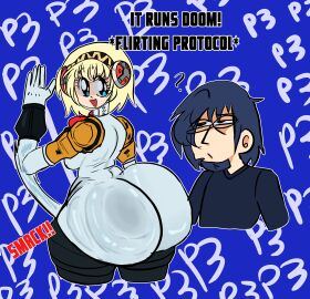 1boy 1girls 2024 ? aegis_(persona) aigis_(persona) ass ass_slap back_view big_ass blue_background bottom_heavy cellulite confused confused_look duo duo_focus english_text fat_ass female flirting funny gigantic_ass huge_ass humor large_ass lemonadepikachu light-skinned_female light-skinned_male light_skin makoto_yuki male pale-skinned_female pale-skinned_male pale_skin persona persona_3 presenting_ass presenting_hindquarters rear_view slapping_ass slapping_butt slapping_own_ass smacking_ass smacking_own_ass text wide_hips