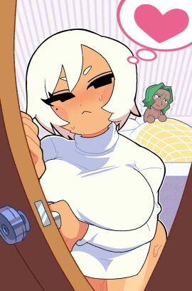 1boy 1girls ass black_eyes blush breasts female green_hair heart implied_after_sex komugi_(riki0731) large_breasts looking_at_viewer male mii mole mole_under_eye nintendo no_pants original original_character riki0731 short_hair sweat thought_bubble tomodachi_life turtleneck white_hair