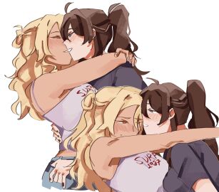 2d 2girls about_to_kiss amber_eyes arms_around_head arms_around_neck black_nail_polish black_nails black_shirt blonde blonde-haired_female blonde_female blonde_hair blue_eyes blush blushing boobs breasts brown_hair class_of_'09 dark_nails dark_shirt digital_media_(artwork) female female_focus grey_tank_top hair_bun hand_on_back hand_on_hip hug hugging hugging_another imminent_kiss jeans jecka_(class_of_'09) jeckole juujjuli lesbian light-skinned_female light_skin long_hair medium_breasts nail_polish nails_painted nicole_(class_of_'09) pale-skinned_female pale_skin pants ponytail shirt smile smiling_at_partner tan_body tan_skin tank_top white_body white_skin yellow_hair yuri