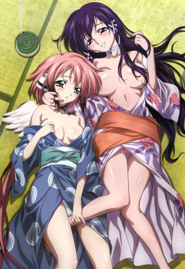 2girls absurdres ahoge bare_shoulders barefoot blush body_blush breasts cleavage feet female hand_on_another's_cheek hand_on_another's_face highres ikaros japanese_clothes kadokawa_shoten kimono lying mosquito_coil multiple_females multiple_girls no_bra nyantype official_art on_back open_clothes open_shirt panties satsukitane_mikako shirt sora_no_otoshimono tatami underwear watanabe_yoshihiro wings yukata