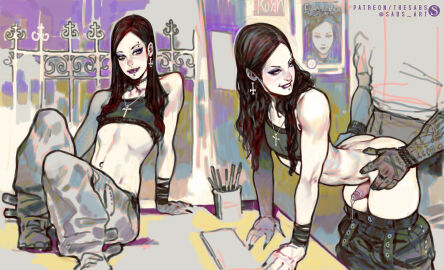 alt_girl anal anal_sex belly_button_piercing black_hair bodily_fluids cross_earrings cross_necklace cum cum_while_penetrated ejaculation eyebrow_piercing eyeshadow female femboy goth goth_femboy goth_girl lip_piercing lip_ring lipstick looking_back_at_partner makeup male orgasm_from_anal penis piercings precum_drip purple_eyeshadow purple_lipstick sabudenego sex trans trans_woman transfem