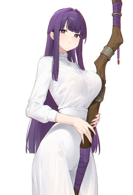 1girls 95_(jiuwujiang) :t blunt_bangs breasts cowboy_shot dress female fern_(sousou_no_frieren) highres holding holding_staff large_breasts long_hair long_sleeves pout purple_eyes purple_hair sidelocks simple_background solo sousou_no_frieren staff straight_hair very_long_hair white_background white_dress