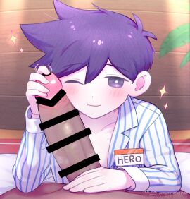 2boys bar_censor blush censored character_name closed_mouth collarbone commentary_request dark-skinned_male dark_skin erection hair_between_eyes hand_on_another's_stomach hero_(headspace)_(omori) hero_(omori) lapels large_penis male male_focus mixed-language_commentary multiple_boys multiple_males name_tag omori one_eye_closed open_clothes open_shirt pajamas penis penis_on_face pov pov_crotch purple_eyes purple_hair shirt short_hair smile solo_focus sparkle striped_clothes striped_pajamas vertical-striped_clothes vertical-striped_pajamas yaoi zonu_the_zombie zonuthezombie