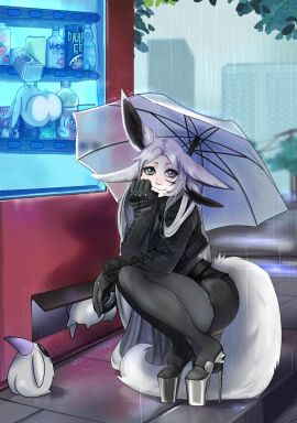 animal_ears black_legwear blush dya_rikku_(vtuber) female fox_ears fox_tail full_body high_heels holding_umbrella jacket long_hair looking_at_viewer outdoors pants pantyhose rain silver_hair sitting smile solo tail umbrella virtual_youtuber vyugen