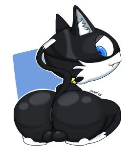 2025 anthro anus ass backsack balls ballsack barely_visible_anus big_ass big_butt black_body black_fur blue_body blue_eyes blue_fur dipstick_tail domestic_cat english_description felid feline felis fur genitals inner_ear_fluff leg_markings looking_back male mammal markings morgana_(persona) objectdicks one_fang persona_(series) persona_5 raised_tail rear_view scarf sitting socks_(marking) solo tail tail_markings thick_thighs tuft white_markings yeah_(artist) yellow_scarf